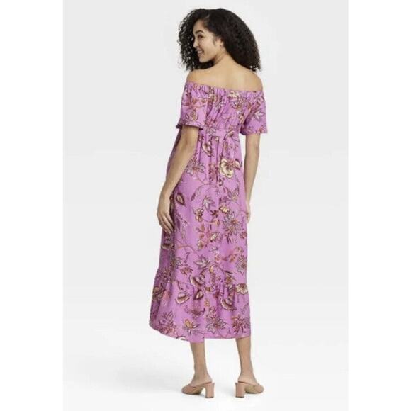 Isabel Maternity Off The Shoulder Floral Maxi Dress Violet Size L NWT - Picture 2 of 6